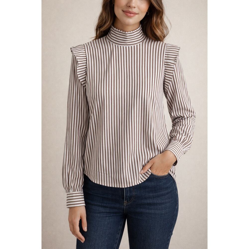Everlane NWT Brown White Striped Mock Neck Cotton Blouse Size 12
